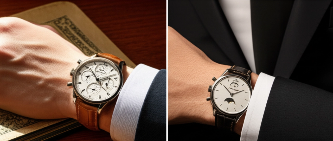 Due polsi caucasici, uno con un IWC Portugieser in uno studio e l'altro con un JLC Master Ultra Thin a un evento serale, mettendo in risalto i contesti d'uso ideali per ciascun orologio.
