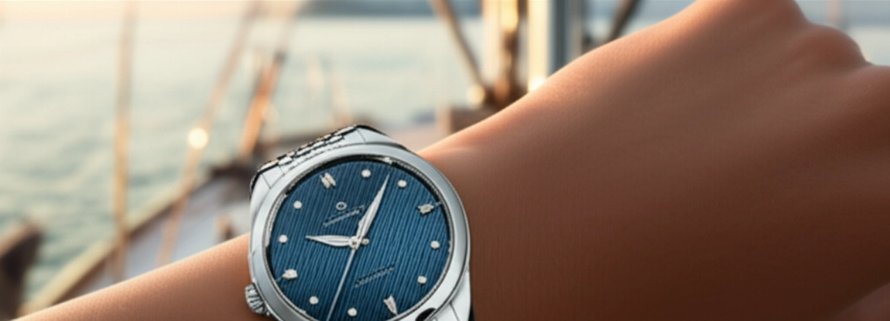 Primo piano di un orologio elegante al polso di una donna caucasica, con uno sfondo sfocato di un ponte di barca a vela al tramonto.