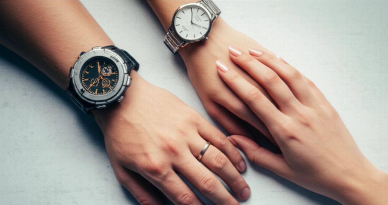 Due mani caucasiche, una con un orologio robusto e l'altra con un orologio elegante, affiancate su una superficie testurizzata.