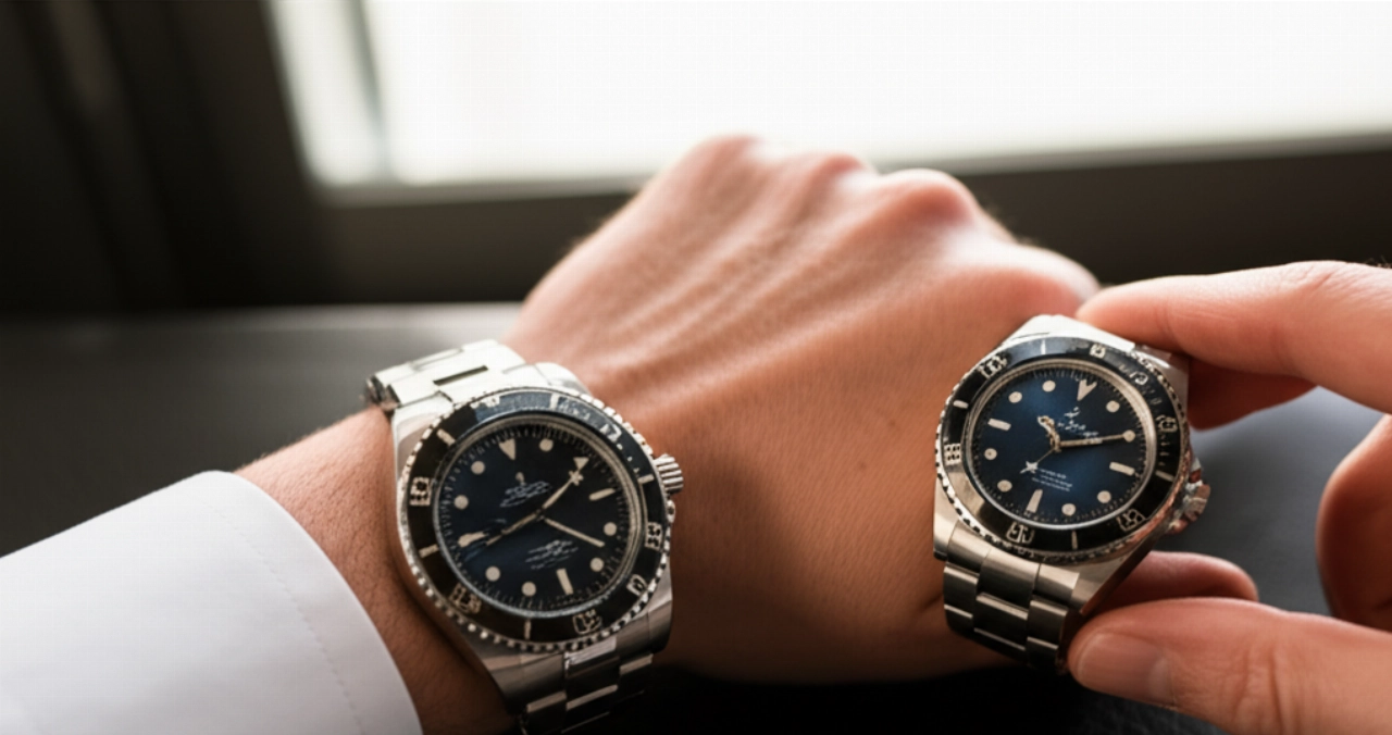 Mani di un uomo caucasico che esaminano due orologi subacquei di lusso su una scrivania di pelle scura, con dettagli iperrealistici.