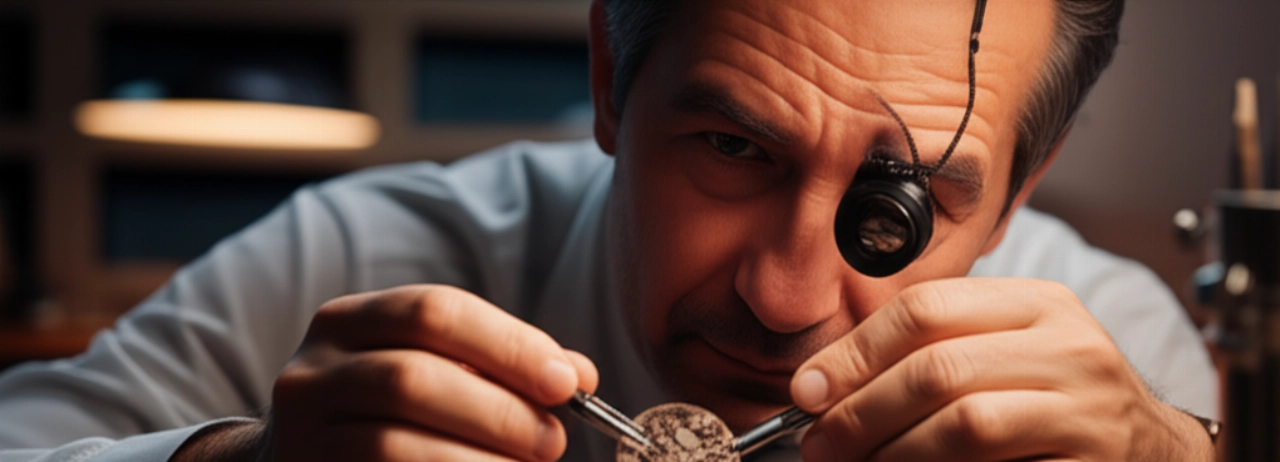 Un orologiaio caucasico concentrato con una lente d'ingrandimento, che assembla un movimento di orologio con strumenti di precisione.