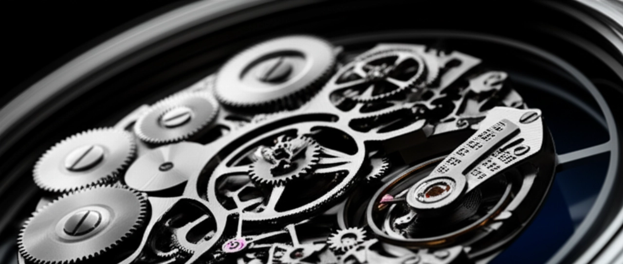 Immagine concettuale e iperrealistica della complessa struttura interna di un calibro di orologio, con ingranaggi e molle illuminati artisticamente.