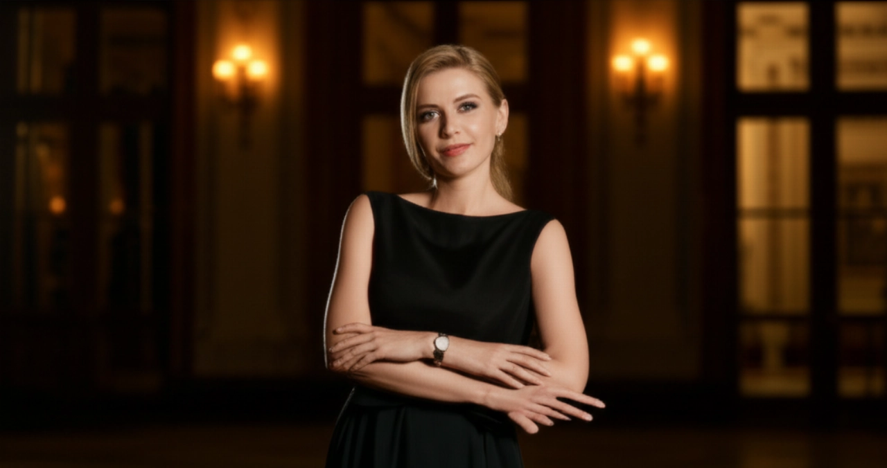 Una donna caucasica elegantemente vestita in un abito da sera nero, con un orologio da sera sottile e raffinato visibile al polso in un'elegante sala da ballo.