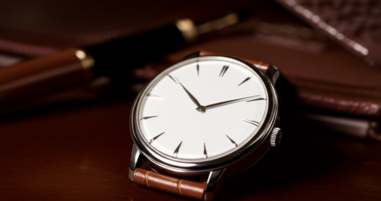Un orologio da sera classico con cassa in argento lucido e cinturino in pelle di coccodrillo marrone, appoggiato su una scrivania in mogano scuro, con un libro sfocato sullo sfondo.