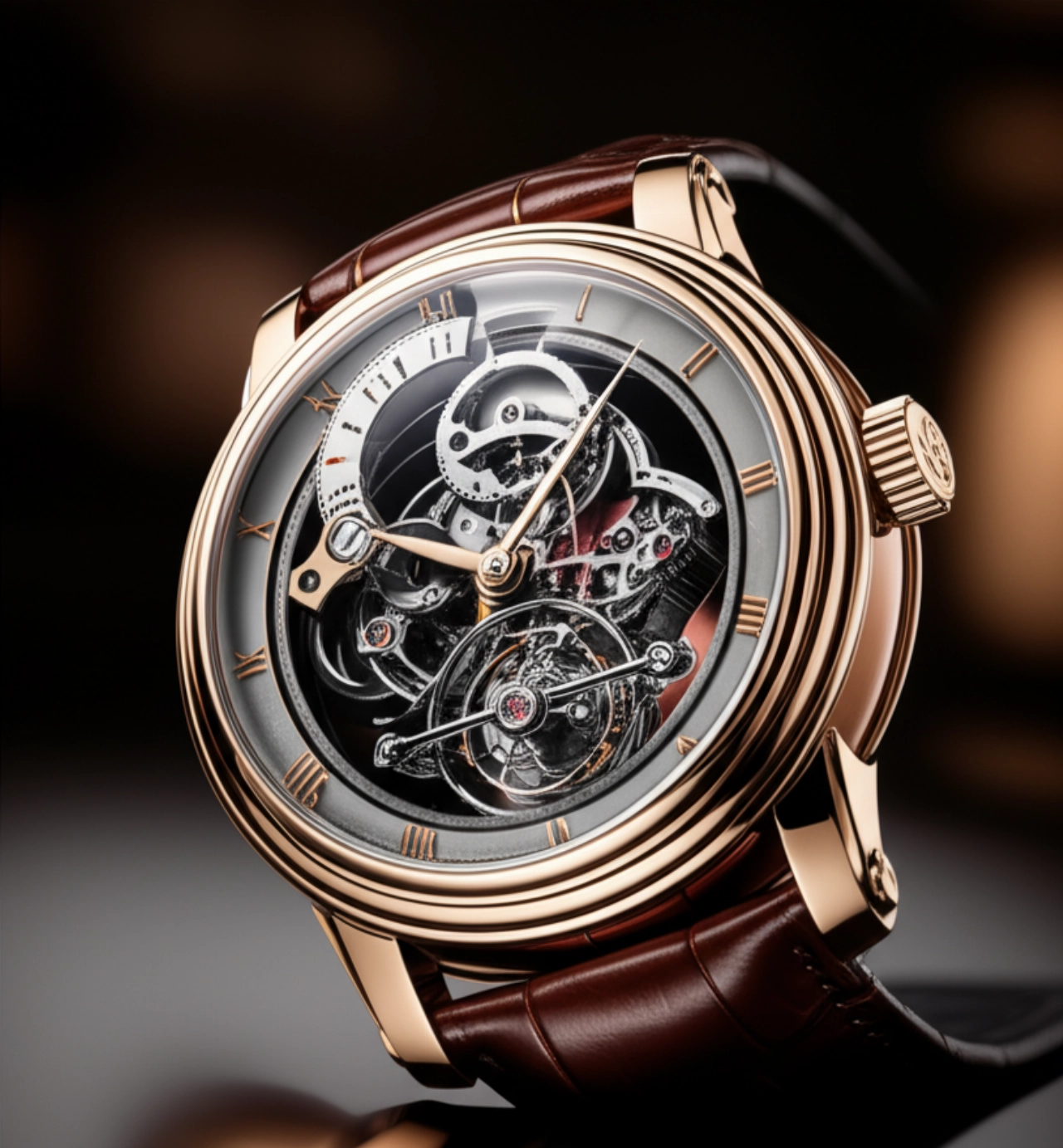 Un orologio da polso tourbillon di lusso, elegantemente posizionato su una superficie riflettente, che mostra la complessità e la bellezza del suo meccanismo.