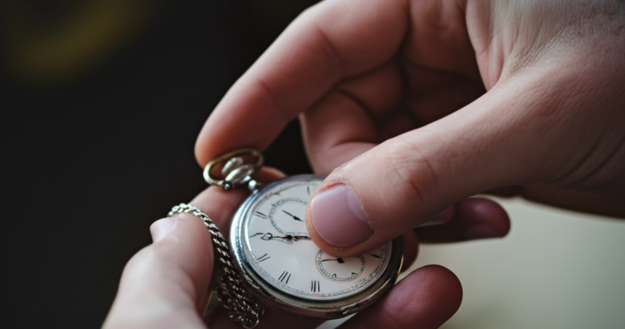 Dettaglio delle mani di una persona caucasica che esaminano attentamente un orologio da tasca vintage con una piccola ammaccatura, dopo una caduta.