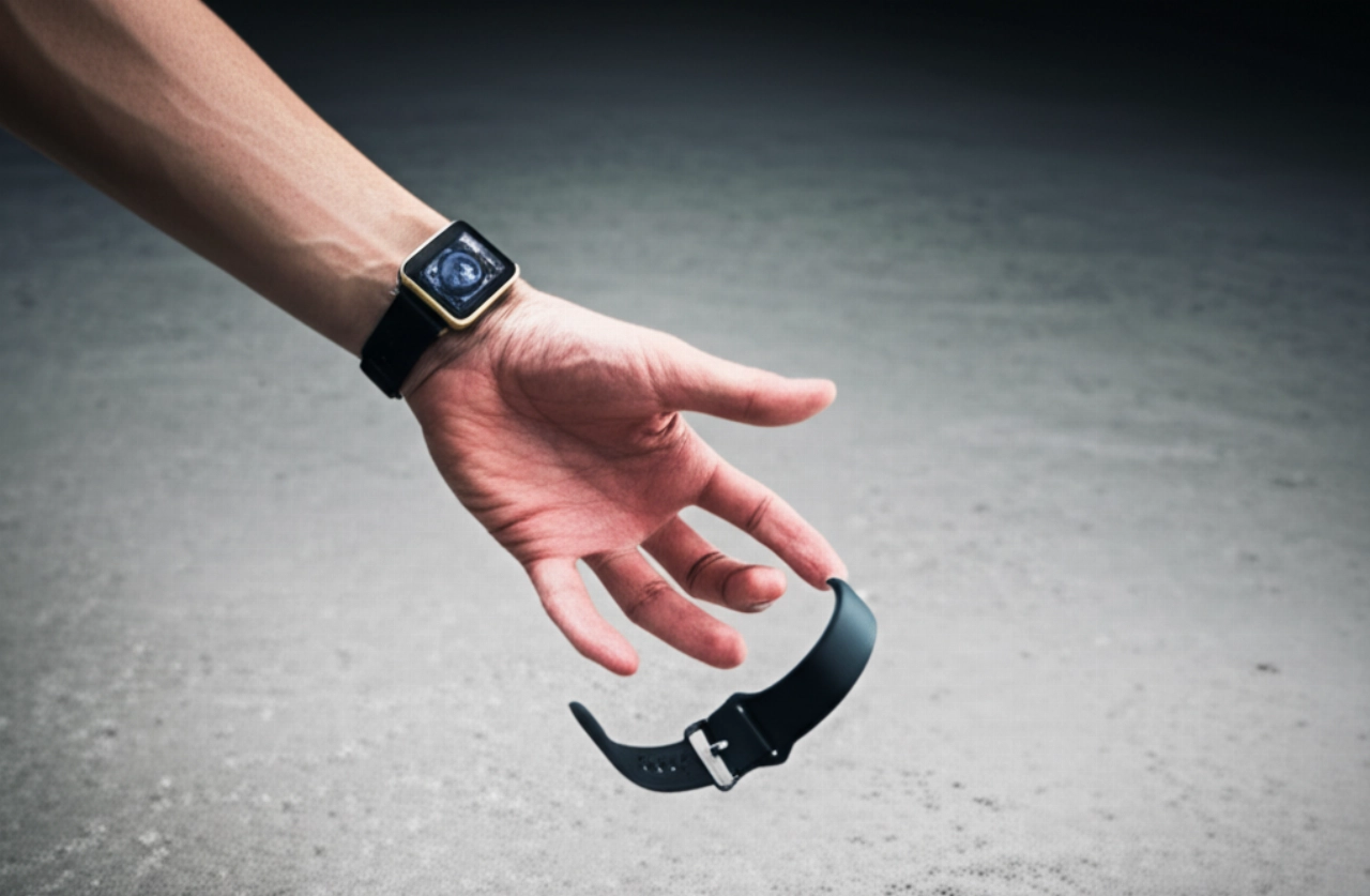 Una mano caucasica si protende rapidamente per afferrare uno smartwatch moderno in caduta libera, un attimo prima che tocchi il pavimento.