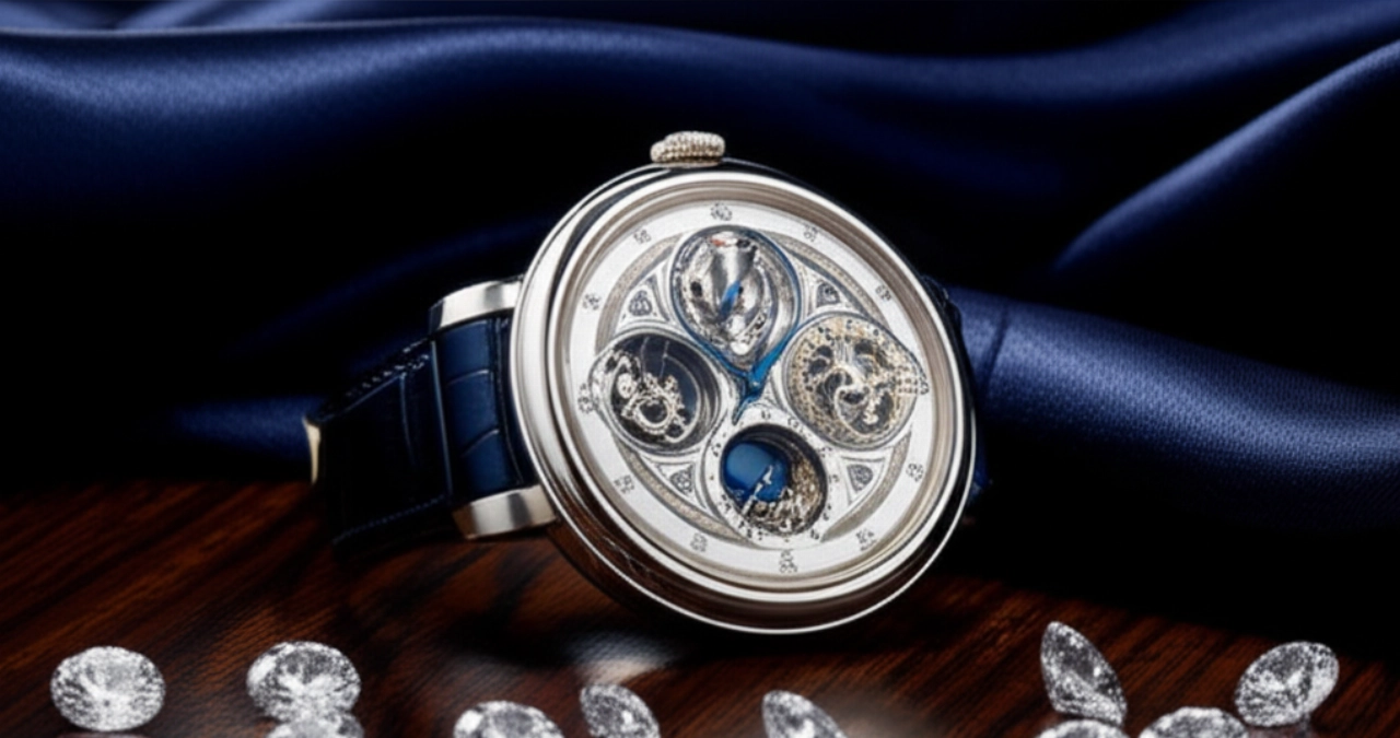 Natura morta iperrealistica e sofisticata di un orologio di lusso squisito e ad alta complicazione, posizionato su una superficie di legno scuro lucido, circondato da diamanti e un pezzo di seta blu navy, con luce morbida che ne esalta la brillantezza.