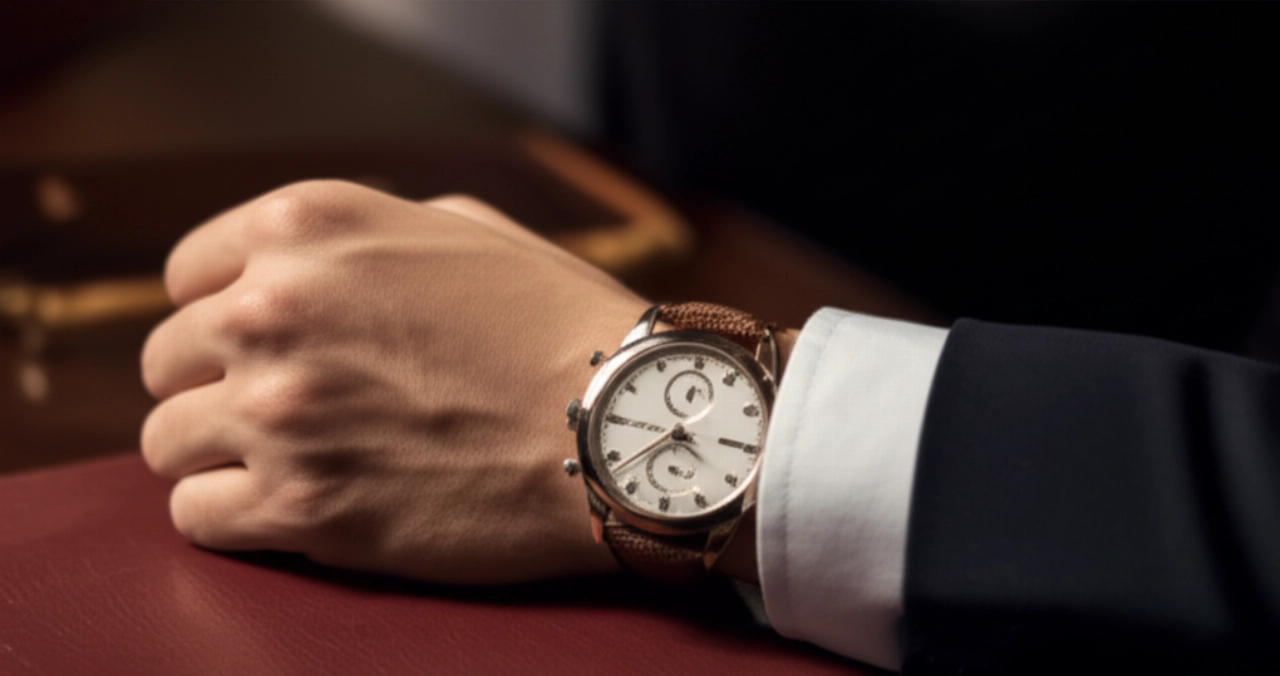 Primo piano iperrealistico ed elegante del polso di un uomo caucasico che indossa un orologio di lusso classico e di alta gamma, con la mano che riposa delicatamente su un libro rilegato in pelle su una scrivania in mogano, illuminato da luce naturale.