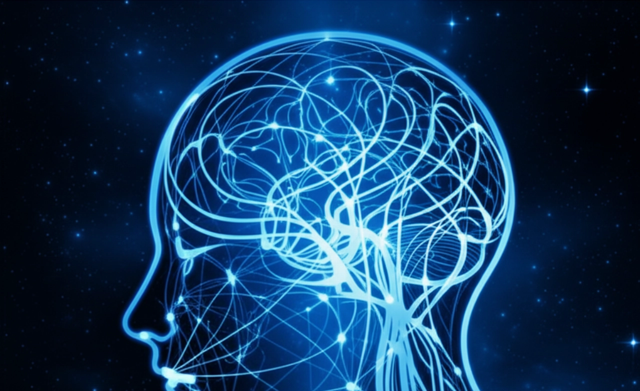 Una rappresentazione iperrealistica e intricata della coscienza come una rete luminosa di percorsi neurali e flussi di energia, che formano una silhouette di testa umana.