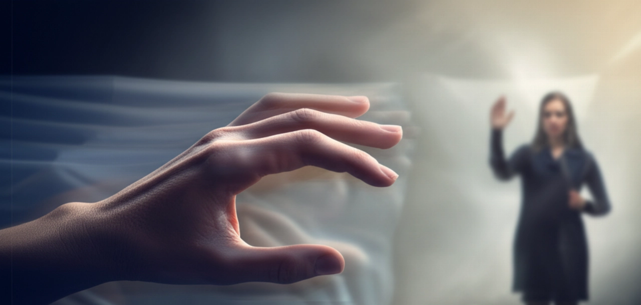 Una scena iperrealistica e surreale dove una mano caucasica si estende verso un velo traslucido, simboleggiando le molteplici percezioni della realtà. Ambiente onirico e luci soffuse.