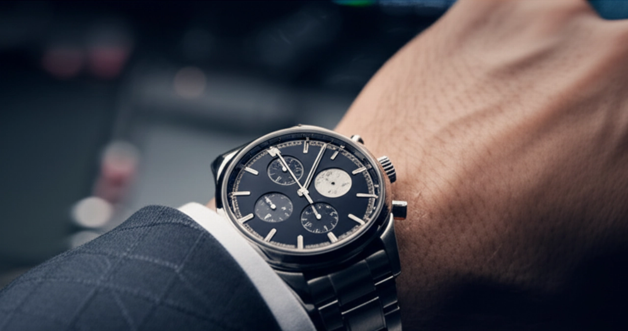 Mano di un uomo caucasico che preme il pulsante flyback di un cronografo moderno, con lo sfondo sfocato di un ambiente professionale.