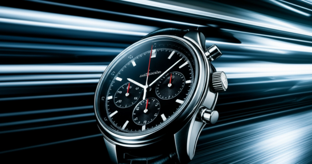 Orologio cronografo flyback moderno su una superficie lucida, con uno sfondo astratto e dinamico di scie luminose che simboleggiano velocità e precisione.
