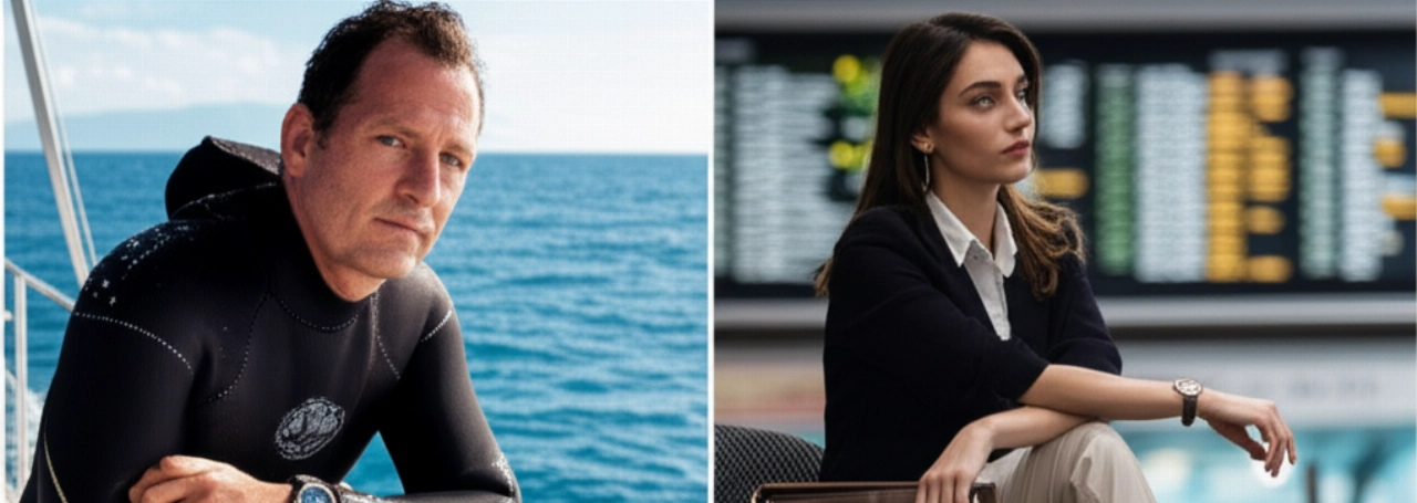 Una scena iperrealistica affianca un subacqueo caucasico con un orologio diver su una barca e una viaggiatrice caucasica con un orologio GMT in un lounge aeroportuale, illustrando i loro contesti d'uso.