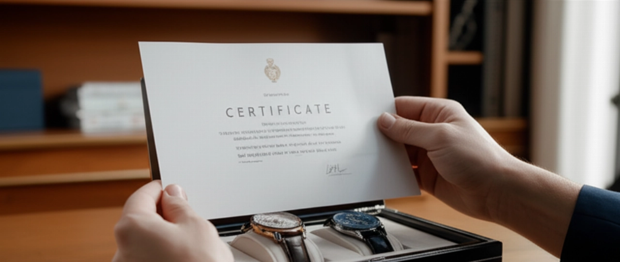 Mani caucasiche che esaminano attentamente un certificato di autenticità di un orologio, con una scatola di orologi aperta in primo piano su una scrivania elegante.