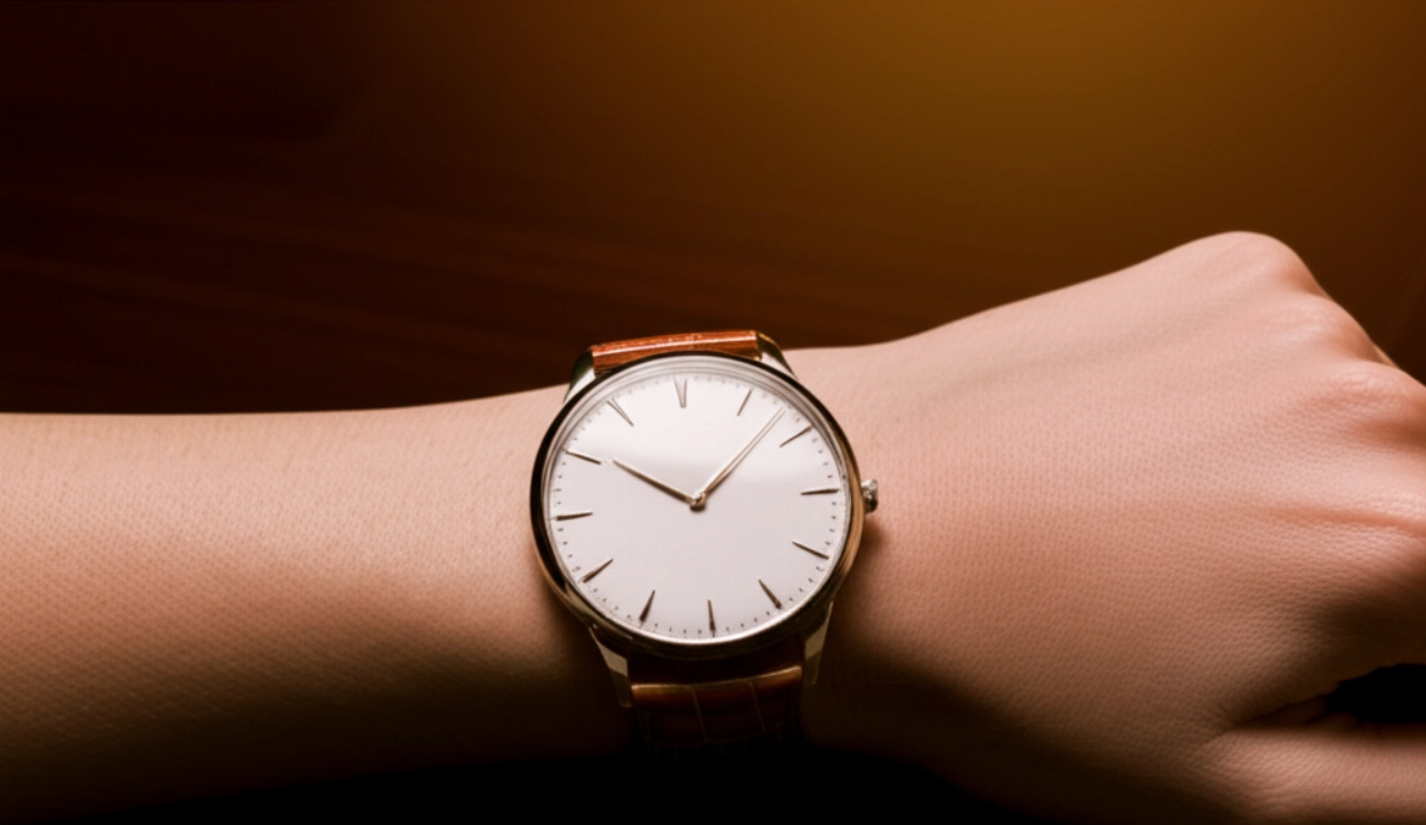 Primo piano iperrealistico del polso di una donna caucasica che indossa un elegante orologio da uomo con cinturino in pelle, con dettagli minuziosi della pelle e dell'orologio.