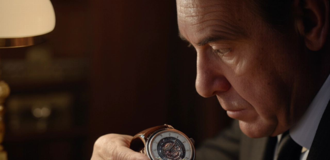 Un uomo caucasico esamina attentamente un orologio da polso di alta complicazione con la funzione dell'Equazione del Tempo in uno studio elegante.