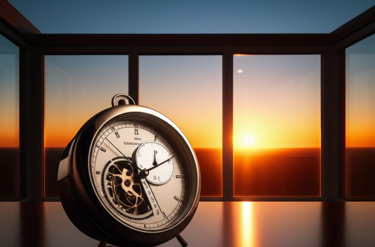 Un orologio da tavolo di precisione in primo piano, con uno sfondo di un paesaggio naturale al tramonto o all'alba, che simboleggia il legame tra tempo celeste e orologeria.