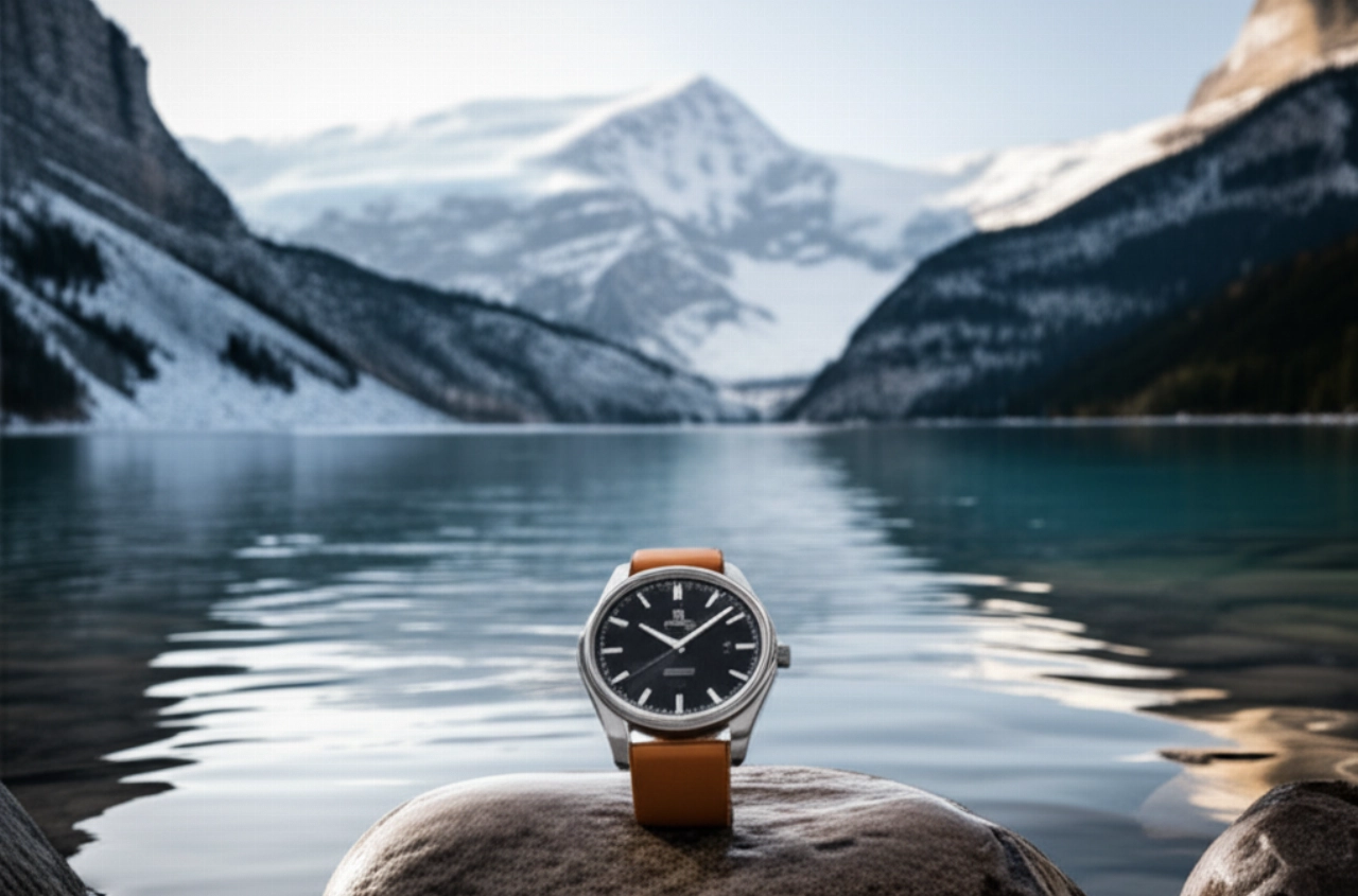 Un elegante orologio svizzero futuristico realizzato con materiali sostenibili, posato su una pietra levigata vicino a un lago alpino cristallino, con le montagne svizzere sullo sfondo.