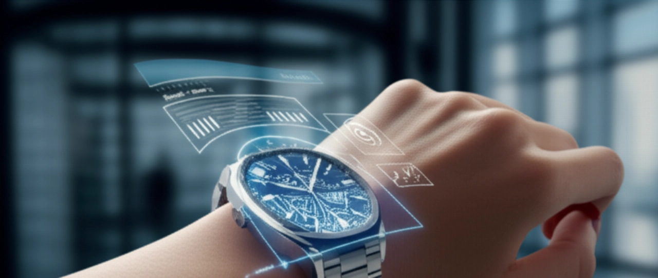 Una mano caucasica indossa un orologio svizzero smart-luxury futuristico che proietta un'interfaccia olografica interattiva, sullo sfondo di un ambiente urbano moderno.