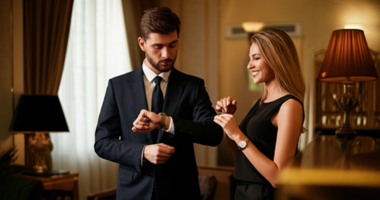 Scena iperrealistica di un uomo caucasico che controlla discretamente l'orologio durante una conversazione elegante, in un contesto sociale raffinato.