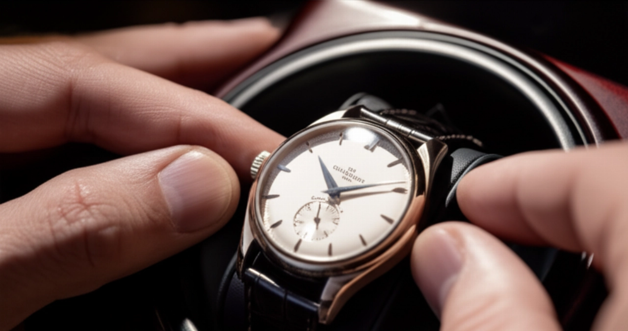Primo piano iperrealistico di mani caucasiche che posizionano con cura un orologio classico su un elegante carica orologi in legno.