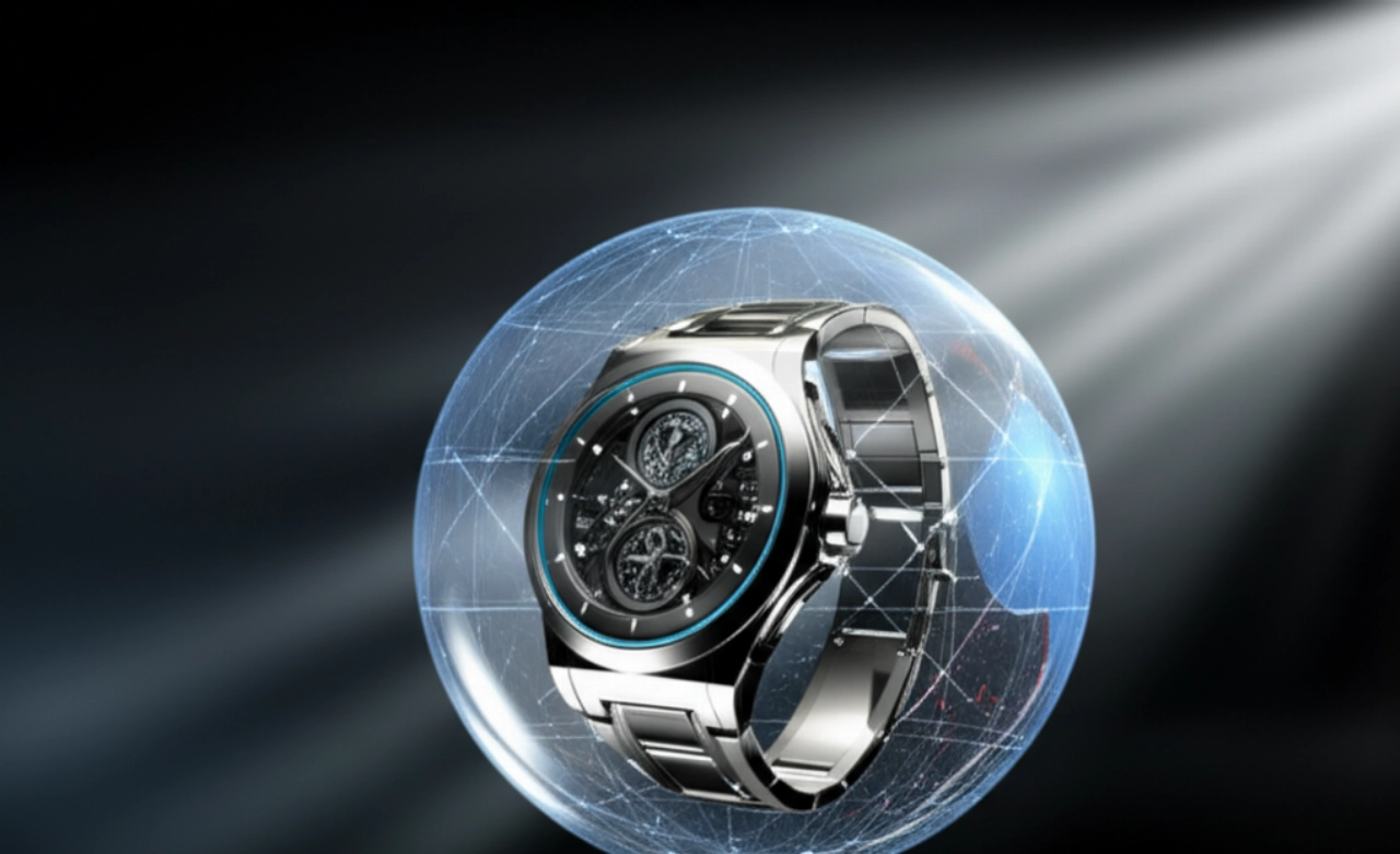 Orologio di lusso sospeso in un campo energetico trasparente, con linee luminose che simboleggiano connettività globale e protezione, in un'immagine concettuale iperrealistica.