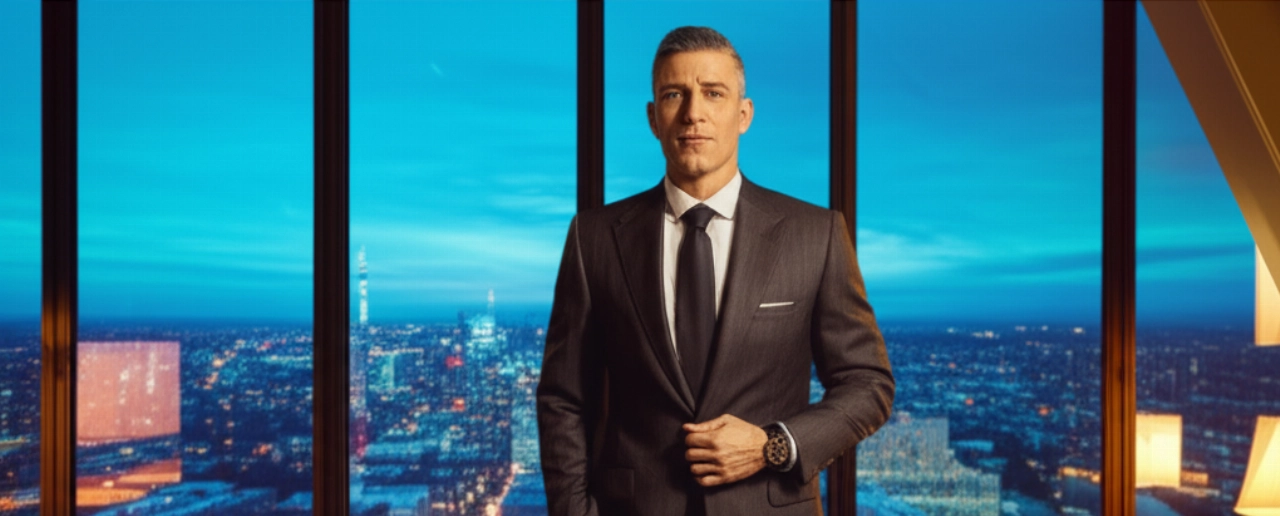 Immagine iperrealistica di un uomo d'affari caucasico in un elegante abito, con un orologio al polso, che osserva il panorama urbano al tramonto, simbolo di successo e lusso discreto.