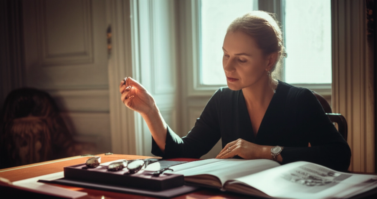 Donna caucasica elegantemente vestita che esamina una collezione di orologi di lusso su una scrivania, con una guida aperta, in uno studio ben illuminato e iperrealistico che emana raffinatezza e apprendimento.