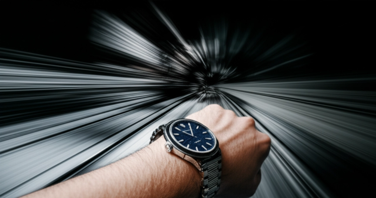 Orologio di lusso moderno con bracciale metallico al polso di un individuo caucasico, con uno sfondo iperrealistico sfocato che suggerisce un movimento ad alta velocità in un ambiente lussuoso come un'auto sportiva o un jet privato.
