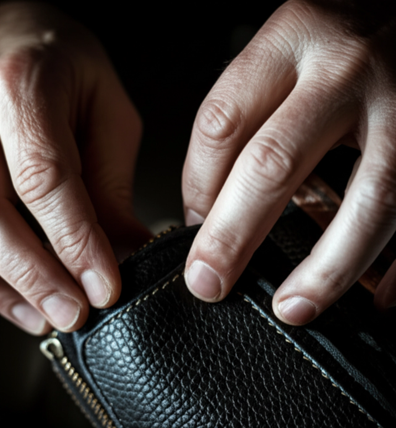 Primo piano iperrealistico di mani caucasiche che esaminano la texture e le cuciture di una borsa in pelle di alta qualità, simbolo dell'artigianato che aumenta il valore dei marchi.