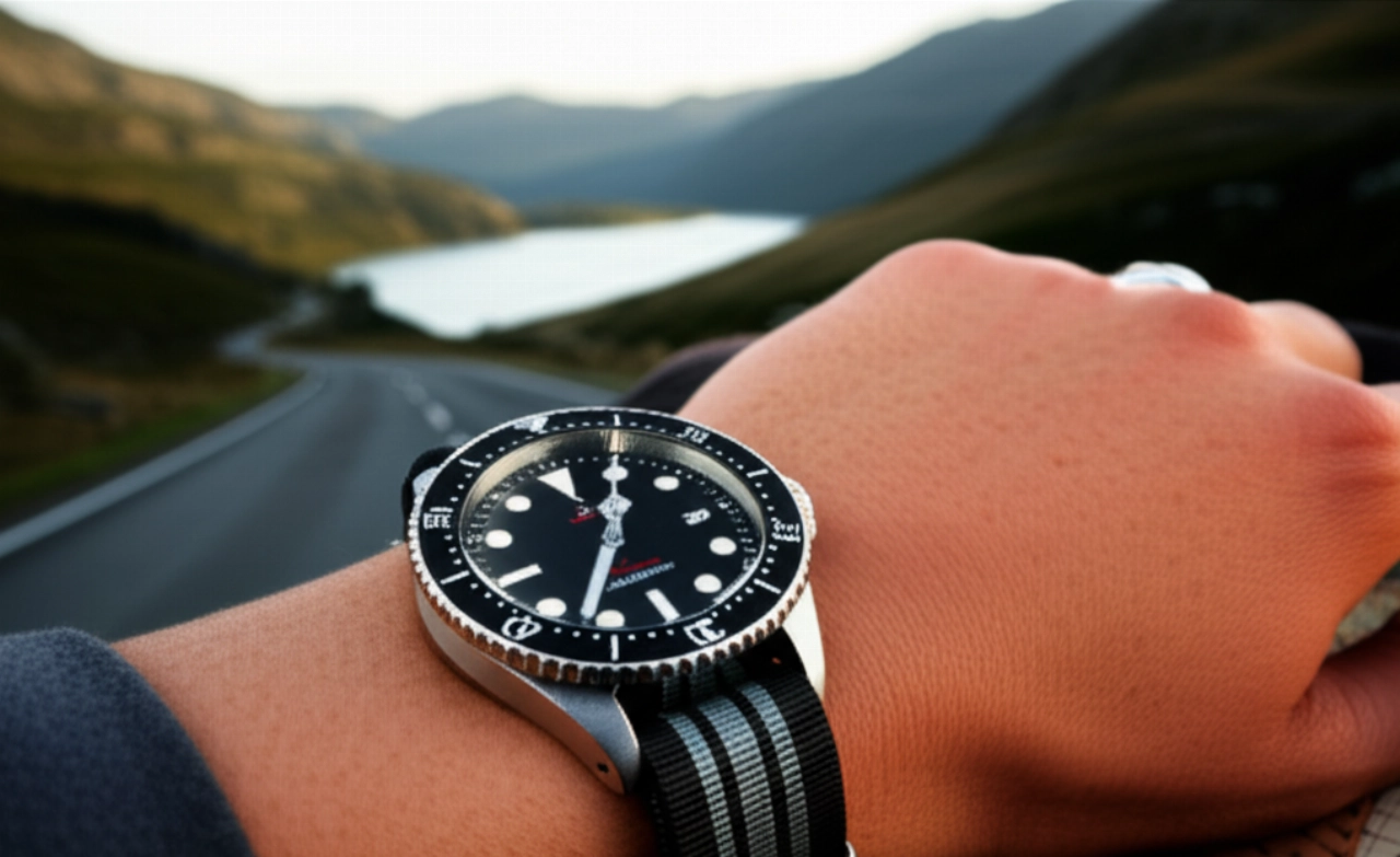 Immagine iperrealistica del polso di una persona caucasica con un orologio da sub e un cinturino NATO a strisce, in un contesto di avventura all'aperto al tramonto.