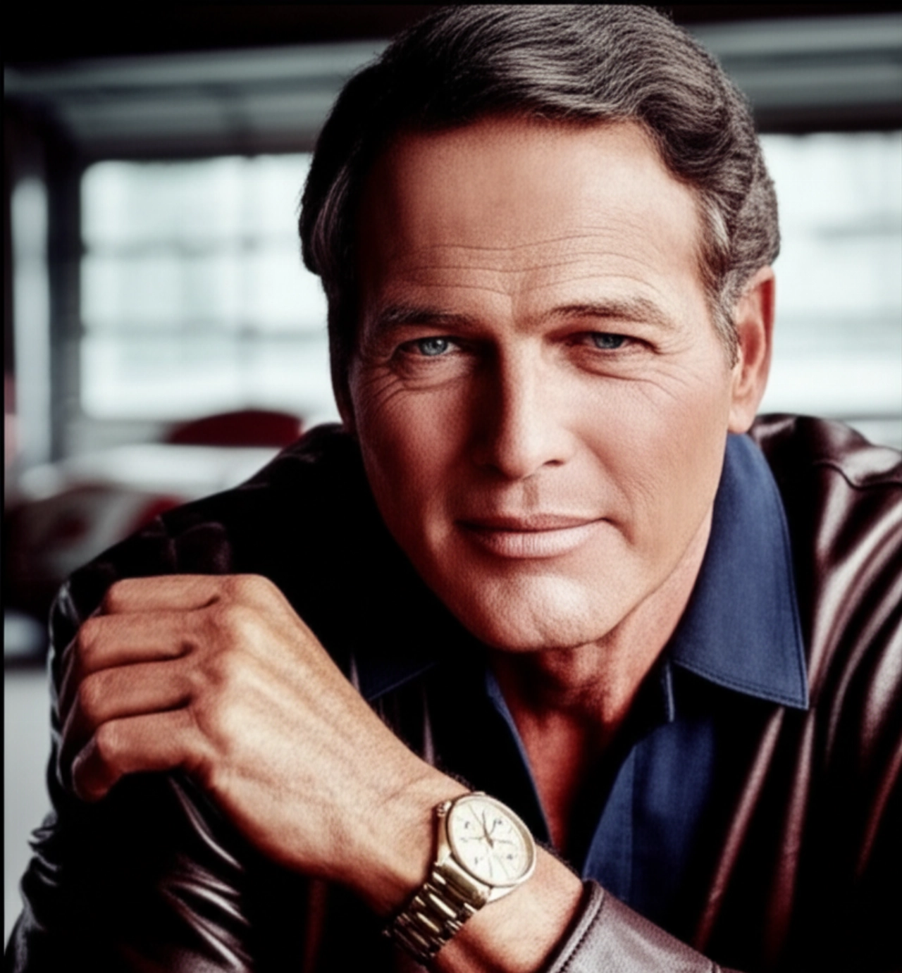 Ritratto iperrealistico di un uomo caucasico carismatico che indossa un Rolex Daytona "Paul Newman", con uno sfondo d'epoca sfocato.