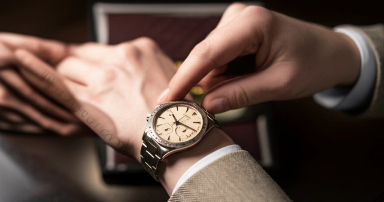 Due mani caucasiche si scambiano o ammirano un Rolex Daytona "Paul Newman" vintage, in una fotografia iperrealistica e dettagliata.