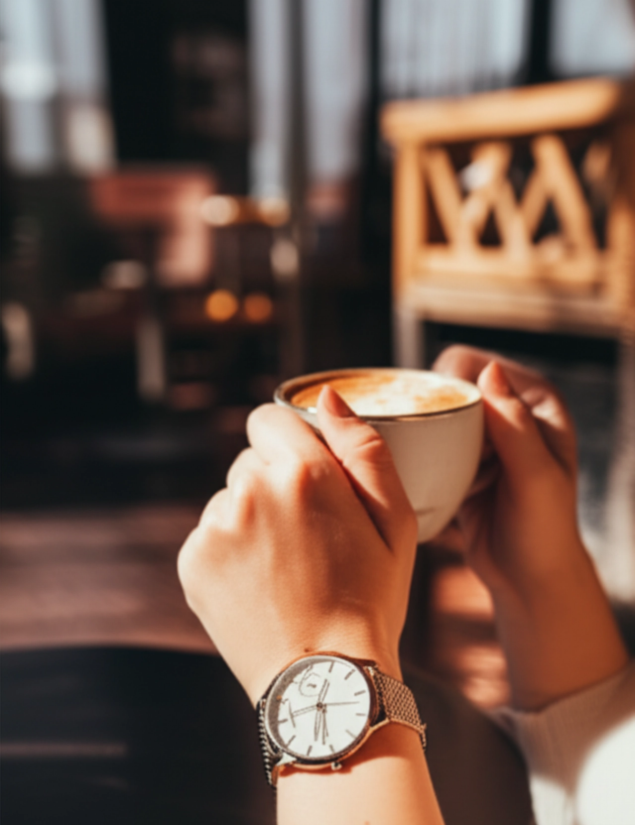 Un orologio moderno e versatile al polso di una donna caucasica che tiene in mano una tazza di caffè in un accogliente caffè illuminato dal sole, con dettagli nitidi sull'orologio.