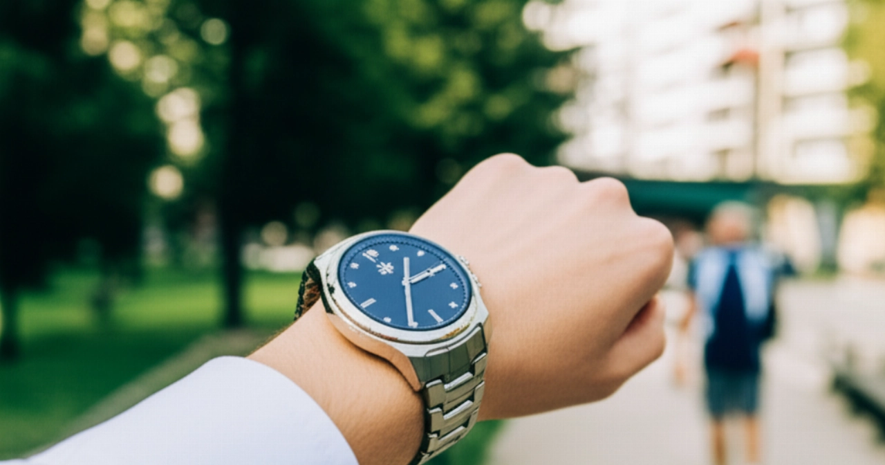 Un orologio da polso robusto ed elegante al polso di una persona caucasica che cammina in un parco urbano, con lo sfondo sfocato di fogliame verde e architetture cittadine, sotto una luce naturale e nitida.