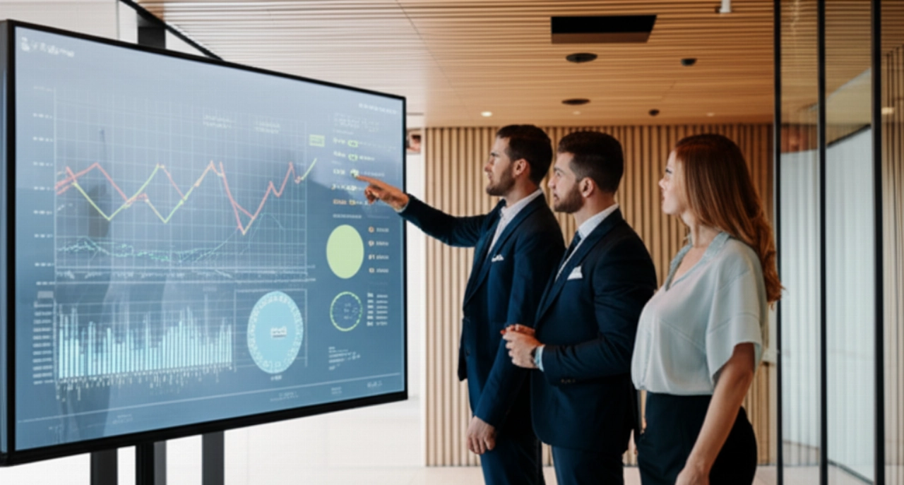 Professionisti caucasici discutono strategie di mercato e dati di influencer marketing in una sala riunioni moderna.