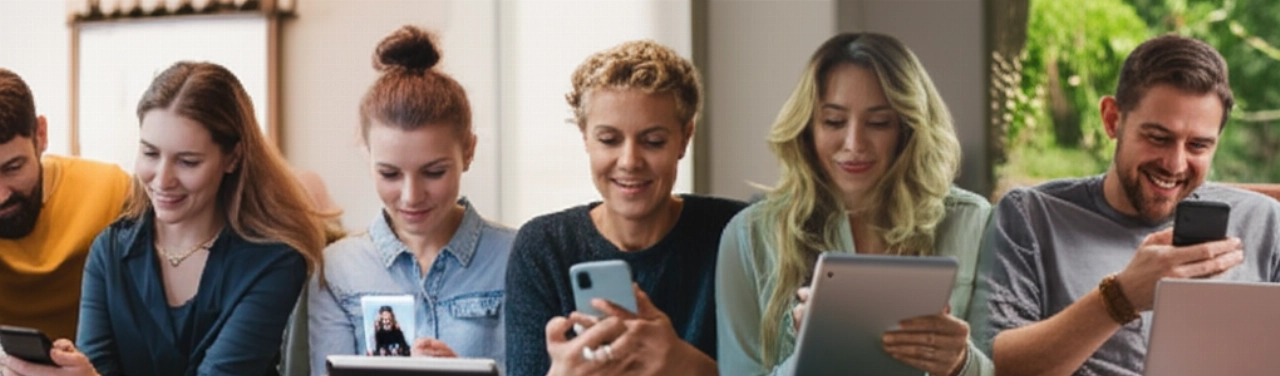 Diverse persone caucasiche di età diverse guardano contenuti digitali su vari dispositivi, simboleggiando la vasta portata degli influencer.