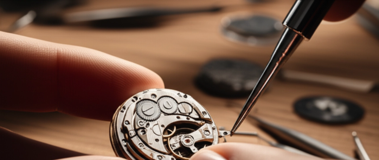 Primo piano iperrealistico di mani caucasiche esperte che assemblano meticolosamente il movimento intricato di un orologio di lusso, simboleggiando la resilienza e l'artigianato.