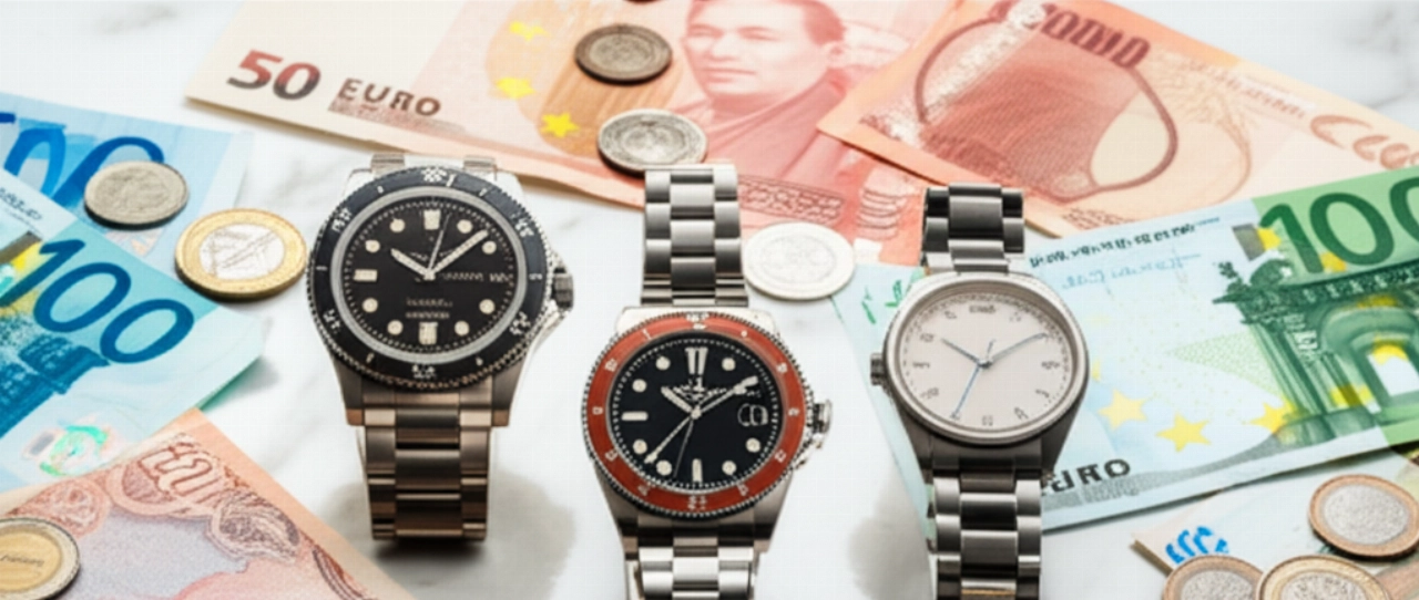 Composizione iperrealistica di orologi di lusso e banconote di diverse valute su una superficie di marmo, simboleggiando l'impatto globale dei prezzi.