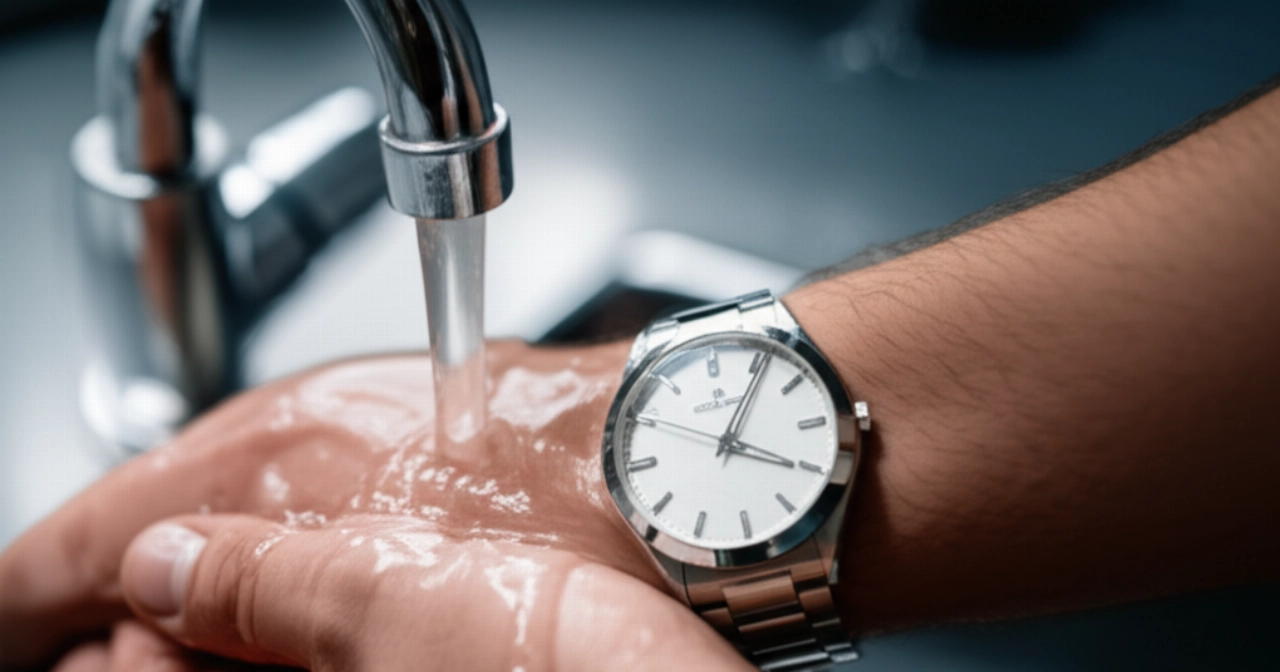 Scena fotorealistica del polso di un uomo caucasico con un orologio elegante e impermeabile, mentre si risciacqua le mani sotto un rubinetto, con l'acqua che scorre chiaramente sull'orologio.