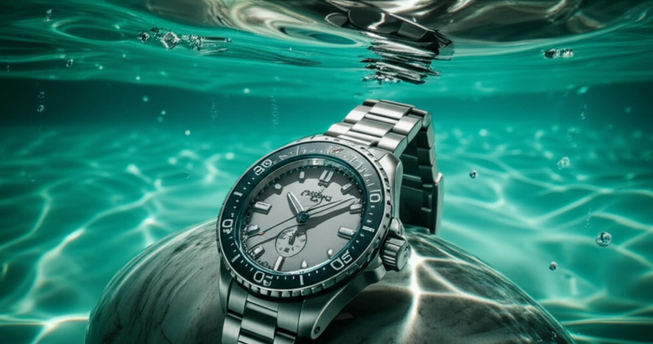 Immagine subacquea iperrealistica di un orologio moderno e lucido, poggiato su una roccia in una piscina naturale con acqua turchese e raggi di sole che creano effetti di luce.