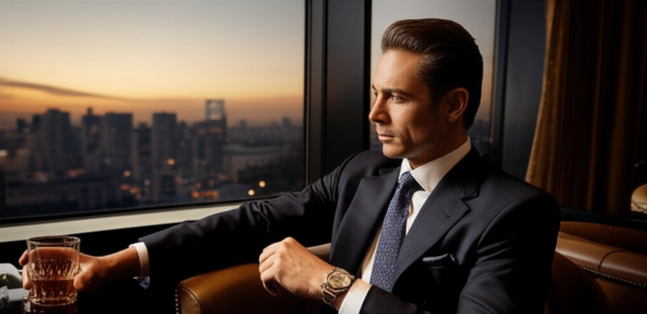 Uomo caucasico elegante e di successo, seduto in un lussuoso club privato, con al polso un orologio di alta gamma, che incarna l'immagine dell'investitore raffinato e benestante.