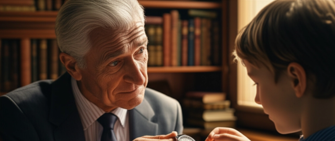 Nonno caucasico che mostra un orologio di lusso al suo nipotino, in una scena che evoca il passaggio generazionale e il valore duraturo di un investimento prezioso come un Patek Philippe.