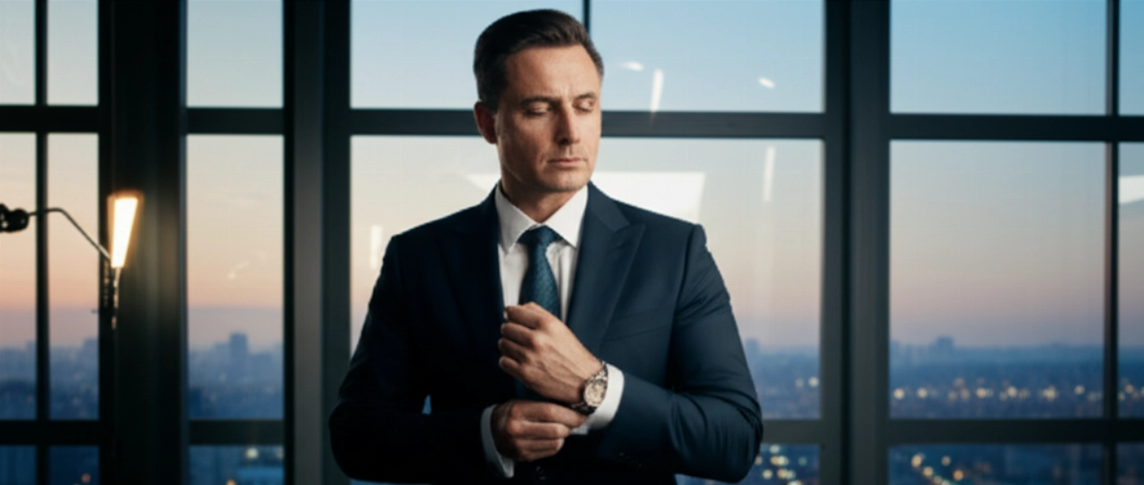 Un uomo d'affari caucasico di successo in un ufficio moderno, con uno sguardo pensieroso mentre ammira lo skyline, un orologio di lusso al polso che simboleggia la sua prosperità.