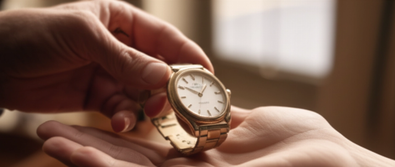 Una mano anziana caucasica che passa delicatamente un orologio di lusso classico alla mano di una persona più giovane, simboleggiando eredità e valore duraturo.