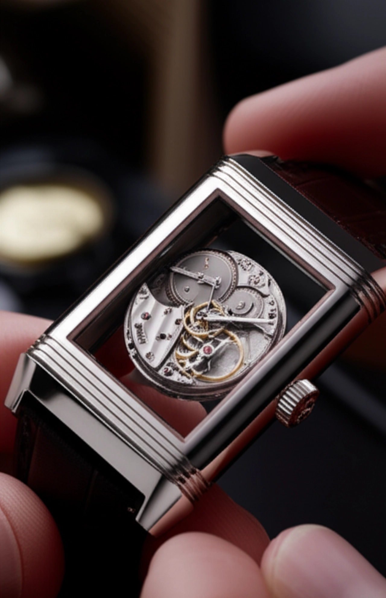 Un primo piano iperrealistico mostra mani caucasiche che azionano delicatamente il meccanismo di ribaltamento di un orologio Jaeger-LeCoultre Reverso, evidenziando i dettagli e le superfici lucide.