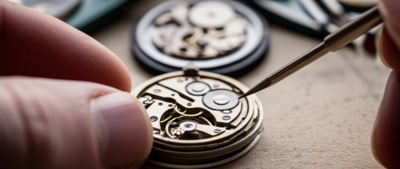 Mani caucasiche in primo piano che lavorano con precisione sul movimento di un orologio vintage, utilizzando attrezzi da un kit di manutenzione.
