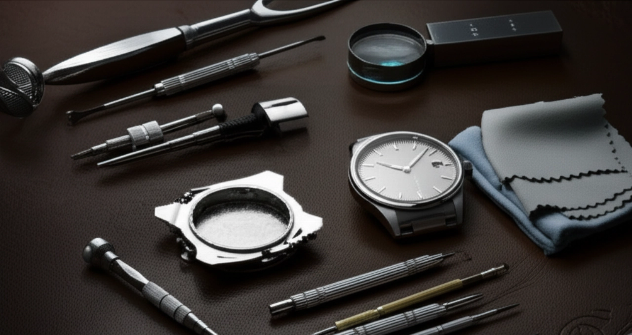 Composizione artistica iperrealistica di attrezzi per la riparazione di orologi e un orologio moderno su una superficie di pelle marrone.