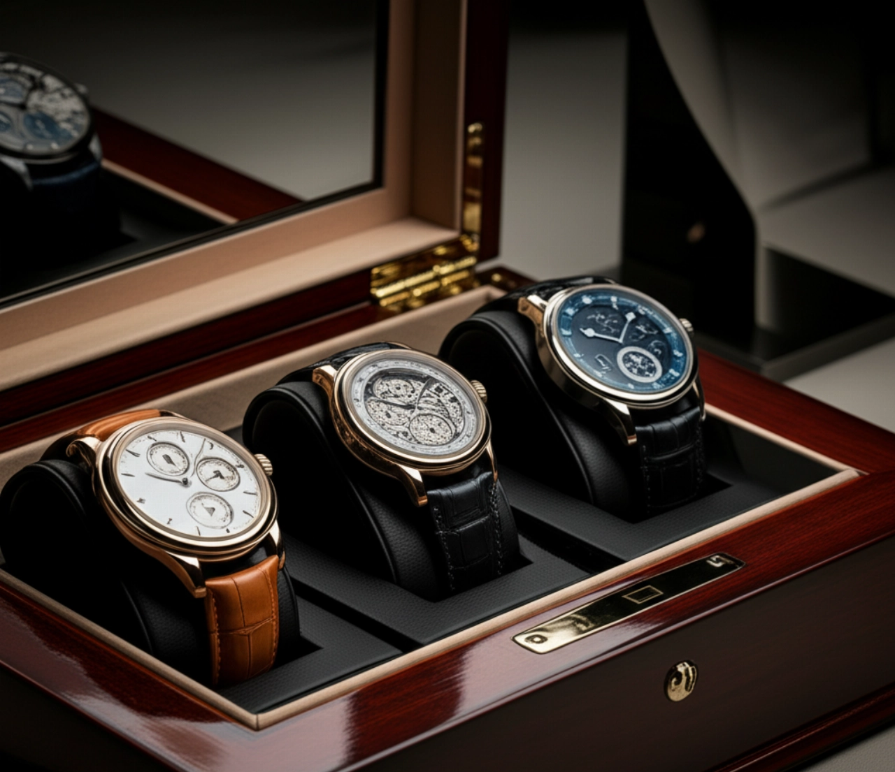 Una selezione di orologi meccanici di lusso, esposti elegantemente su cuscini di velluto all'interno di una scatola di legno pregiato, che riflettono la luce.